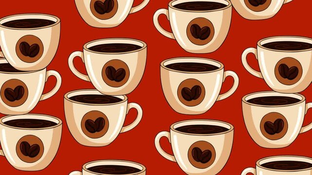 Seamless animated coffee pattern featuring cream cups filled with dark coffee and coffee bean symbols on a rich red background