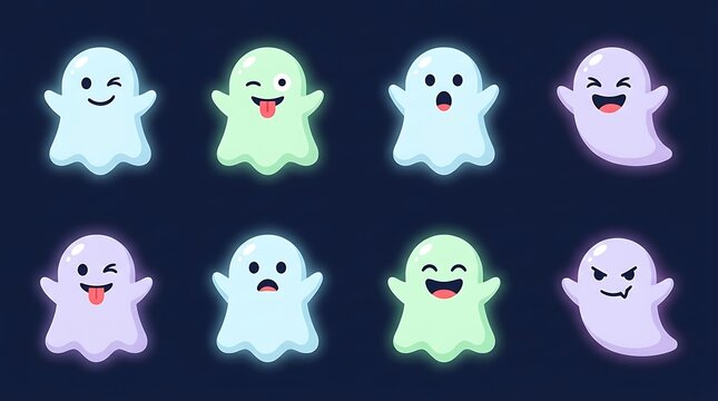 Set of cute colorful cartoon ghosts with various facial expressions for halloween design elements on dark background