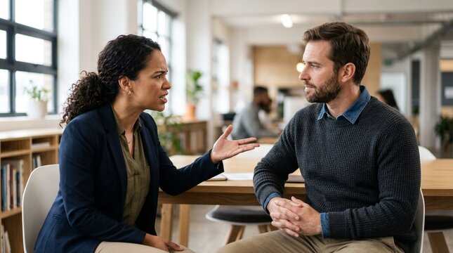 Business partners in heated discussion during office meeting, conflict resolution concept