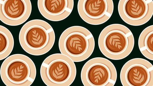 Seamless animated coffee cup pattern with warm latte tones and elegant leaf foam details on a dark background