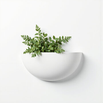 Minimalist wall pocket. A white ceramic half-circle wall pocket holds a fern (Nephrolepis cordifolia), isolated on a white wall, shot