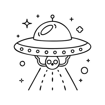 Flying ufo with alien eyes and stars background - Whimsical UFO illustration with large eyes, floating among stars and small dots in a dreamy space setting.