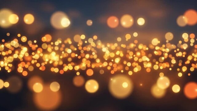 Golden yellow and orange glowing spheres drift sideways through layered depth, creating a vibrant festive abstract background with warm highlights and smooth continuous motion.