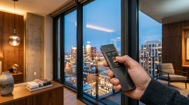 Smart home technology controlled by remote in a modern apartment with a city view.