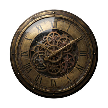Vintage steampunk clock with exposed gears and Roman numerals