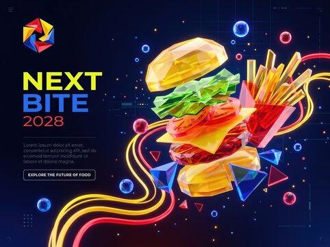 Futuristic low poly burger illustration, 3D geometric fast food concept, neon digital hamburger and fries poster for Next Bite 2028