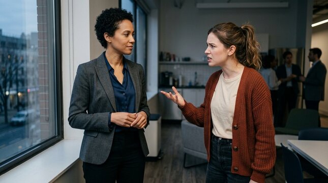 Colleagues in office conflict, disagreement, emotional discussion near window