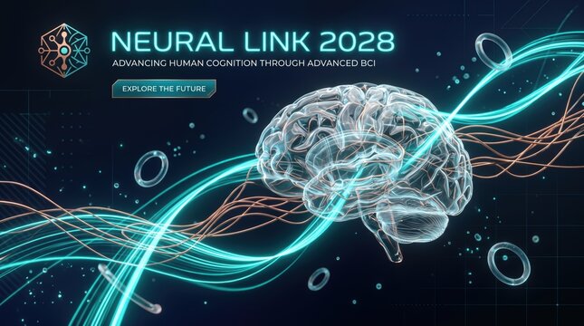 Neural Link 2028 futuristic brain interface, advanced BCI technology illustration, digital human cognition and neural network concept