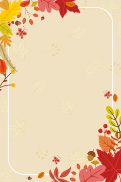Elegant autumn decorative frame featuring colorful fall leaves,berries,acorns and botanical branches on a warm cream background,perfect for seasonal cards,stationery,wedding invitation, autumn colours