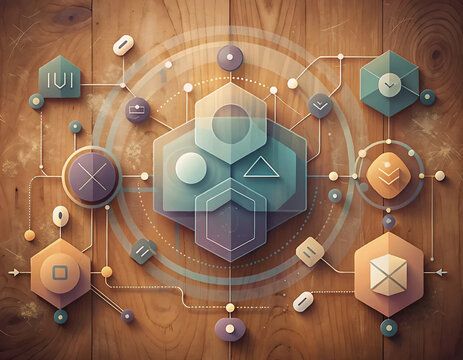 Wooden Infographic Diagram with Geometric Shapes and Connected Nodes
