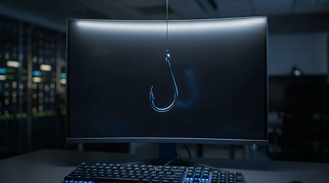 Cybersecurity Phishing Hook Attack Concept on Computer Monitor in Office