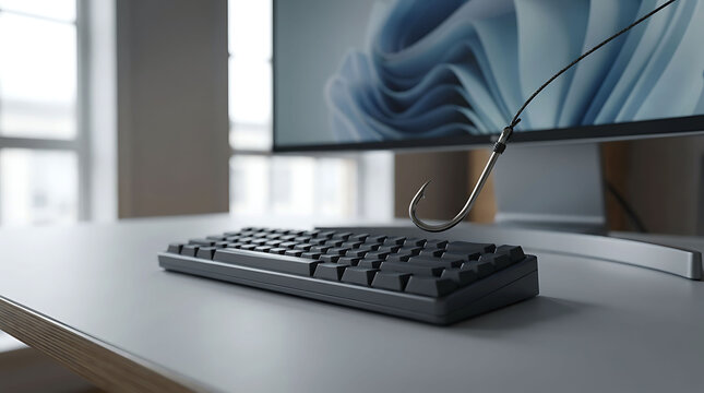 Cybersecurity concept with fishing hook hovering over keyboard and monitor
