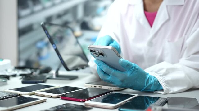 Technician in a white lab coat and blue gloves examines a smart phone at a repair bench with several mobile phones and an open laptop.