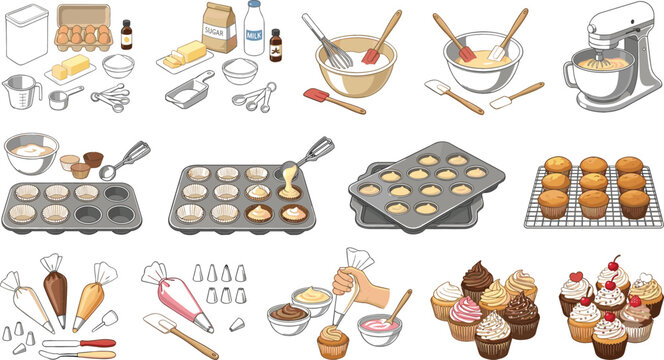 Baking Process and Pastry Preparation Vector Element Set featuring Stand Mixers, Measuring Cups, Muffin Trays, Icing Piping Bags, and Freshly Baked Cupcakes for Culinary Recipe Book Designs