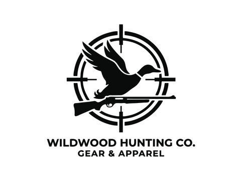 Vintage duck hunting logo with shotgun and crosshair, Wildwood Hunting Co gear and apparel emblem, flying mallard bird vector
