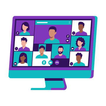 generic computer monitor displaying abstract video call UI windows with simplified faceless diverse avatars. Corporate flat design style