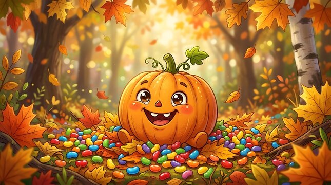 Cute animated pumpkin character with a happy face in an autumn forest scene with colorful leaves and scattered candies