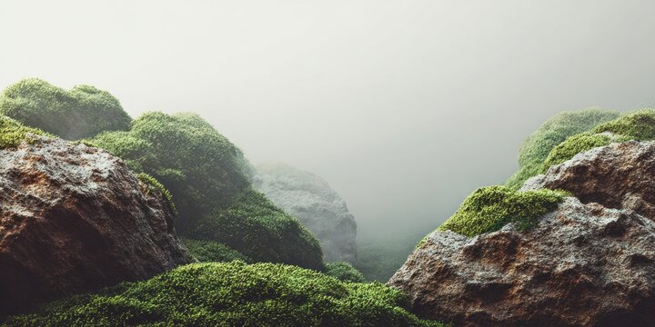 Moss covered rocks on a misty hillside with copy space for various creative uses