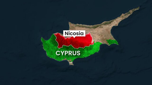 Animated map footage showing the divided capital city of Nicosia, Cyprus