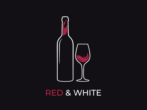 Minimalist wine bottle and glass vector illustration. Red and white wine logo on black background. Elegant winery branding icon.