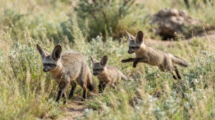 Fototapeta premium Bat-eared Fox Family Adventures: A family of bat-eared foxes, distinguished by their large ears, explores a grassy field, with one pup captured mid-leap.