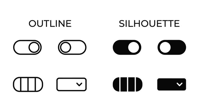 Toggle Switch Icons: A collection of graphic design elements showcasing outline and silhouette versions of toggle switches, buttons, and sliders, representing user interface controls.