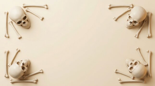 Human skulls and bones arranged in four corners on a light beige background