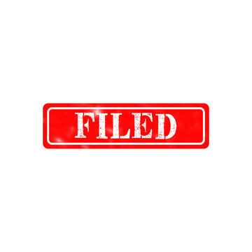 Red rectangular rubber stamp with the word filed written in white bold distressed grunge style font design