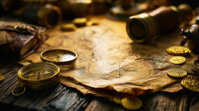 Concept image for a treasure hunt and adventure featuring an antique map, a compass, a telescope, and gold coins
