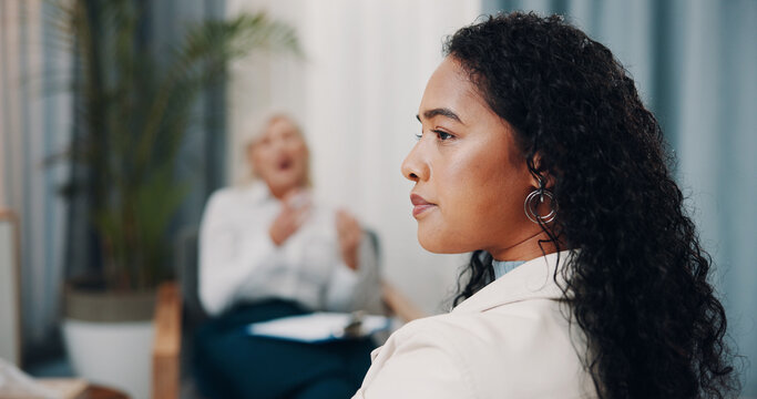 Psychology, thinking and woman in clinic for therapy, emotional processing and trauma response. Psychologist, patient and introspection in counseling with healing support, flashback or contemplation