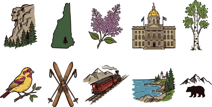 New Hampshire State Symbols Travel Landmarks and Wildlife Line Art Vector Icon Set