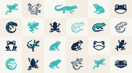 Fototapeta premium Collection of stylized frog and lizard icons in flat design
