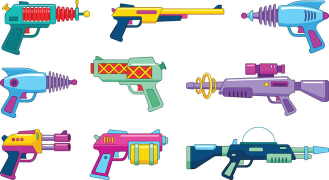 Sci-fi ray guns and futuristic laser blasters vector illustration flat icon set isolated on white background