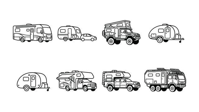 Collection of Recreational Vehicles: A curated set of illustrations showcasing various recreational vehicles, including motorhomes, travel trailers, and campers.