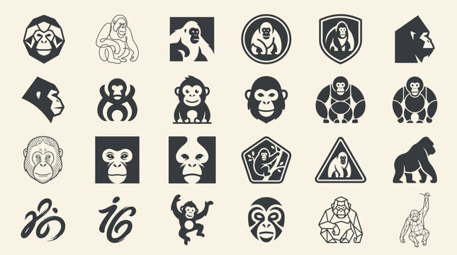 Set of minimalist gorilla and monkey logo icons