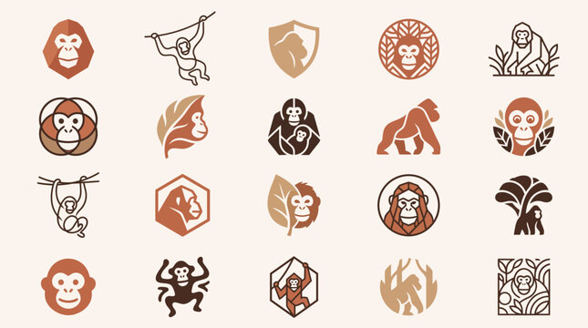 Minimalist gorilla and monkey logo collection in earthy tones