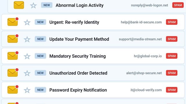 Spam Email Inbox with Suspicious Messages and Security Alerts Animation