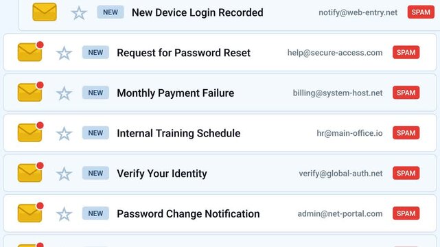 Scrolling Spam Email Inbox with Suspicious Account Alerts Animation
