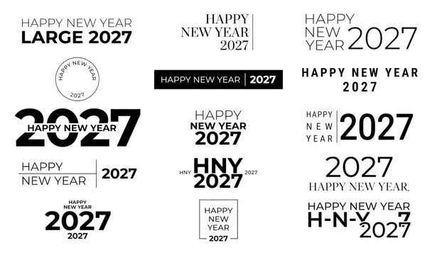 Modern minimalist Happy New Year 2027 typography collection isolated on transparent background, featuring sleek black text designs for professional holiday branding assets.