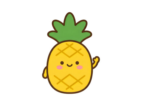 Cute cartoon pineapple character with a happy smiling face waving hello isolated on a white background