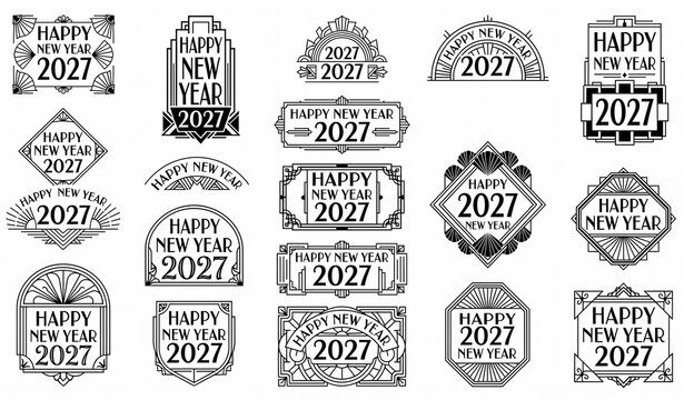 Art deco style Happy New Year 2027 badge and frame collection isolated on transparent background, featuring vintage geometric borders for elegant holiday greeting cards.