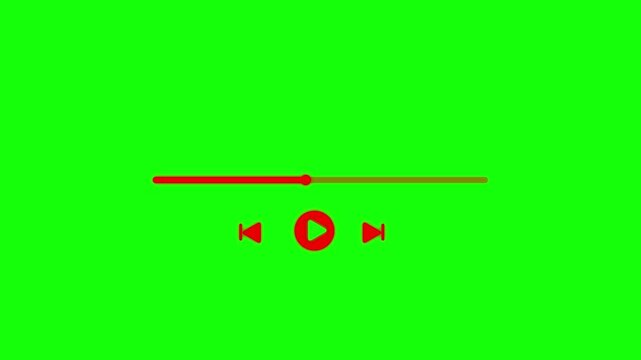 Red colour icon Media player template scroll bar button with audio reactor, Music time line or video track player, Time line bar moving as song media on green background,  previous symbol animation.