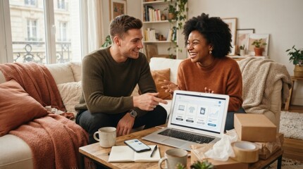 Fototapeta premium A Couple's Online Shopping Venture: A happy couple is seen enjoying an online shopping experience together in their cozy living room, surrounded by packages ready for shipping.