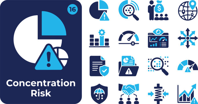 Financial risk management icon set featuring portfolio diversification, concentration metrics, market volatility analysis, and investment audit