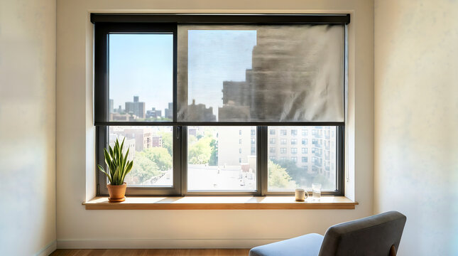 Window view of urban skyline with houseplant on ledge and comfortable chair