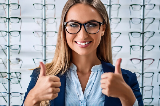 Eine fr&ouml;hliche junge Optikerin die  Brillen verkauft und den Daumen hochh&auml;lt