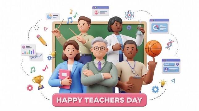 Group of diverse teachers celebrating teachers day with educational icons with Diverse group teachers standing together front chalkboard educational symbols Teachers Day celebration illustration