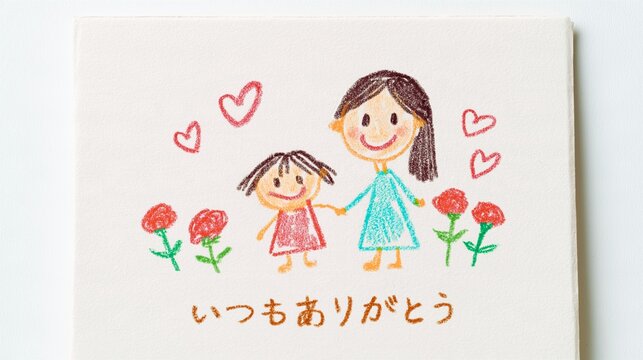 子どもが描いた母の日の感謝のイラストメッセージ（クレヨン画）