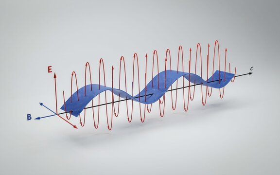 Electromagnetic wave visualization showing oscillating red electric and blue magnetic fields propagating through space as light energy conceptual science illustration