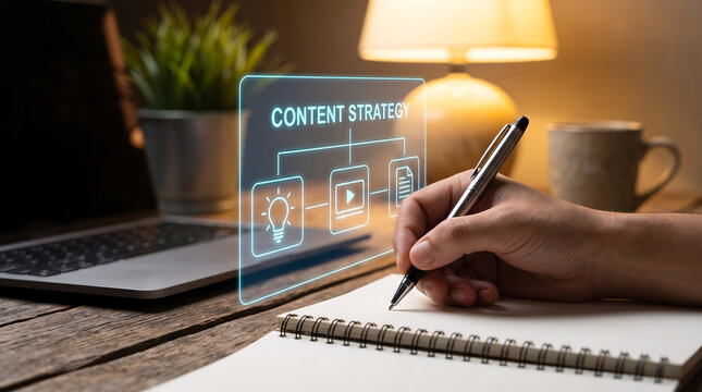 Focused hand writing content strategy notes on paper while glowing holographic icons float in bright air